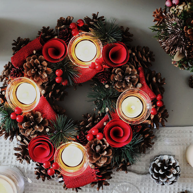 松果四杯玫瑰烛台圣诞节氛围装饰花环摆件桌面布置餐桌浪漫蜡烛台