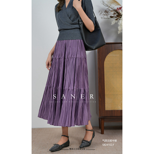 特价SANER欧洲站2025新824102秋冬女高腰显瘦气质压褶半身裙长裙