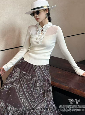 特价DI-SUI欧韩站2025秋冬新女00028优雅珠花气质镂空上衣羊毛衫