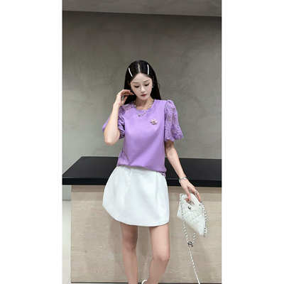 春夏小清新蕾丝泡泡袖女装T恤