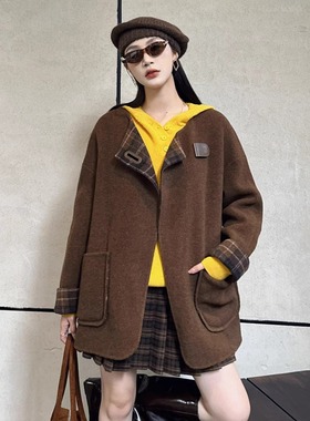 定制DI-SUI欧洲站2025秋冬新款女装10512撞色羊绒宽松百搭大衣