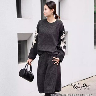 Jayova欧韩2025女秋冬43411绣花拼接上衣阔腿五分裤 套 现货特价