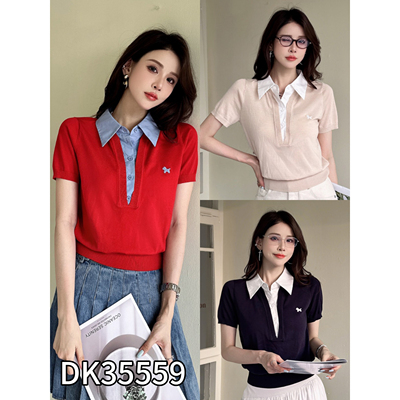 Di-sui天丝小马刺绣短袖针织衫