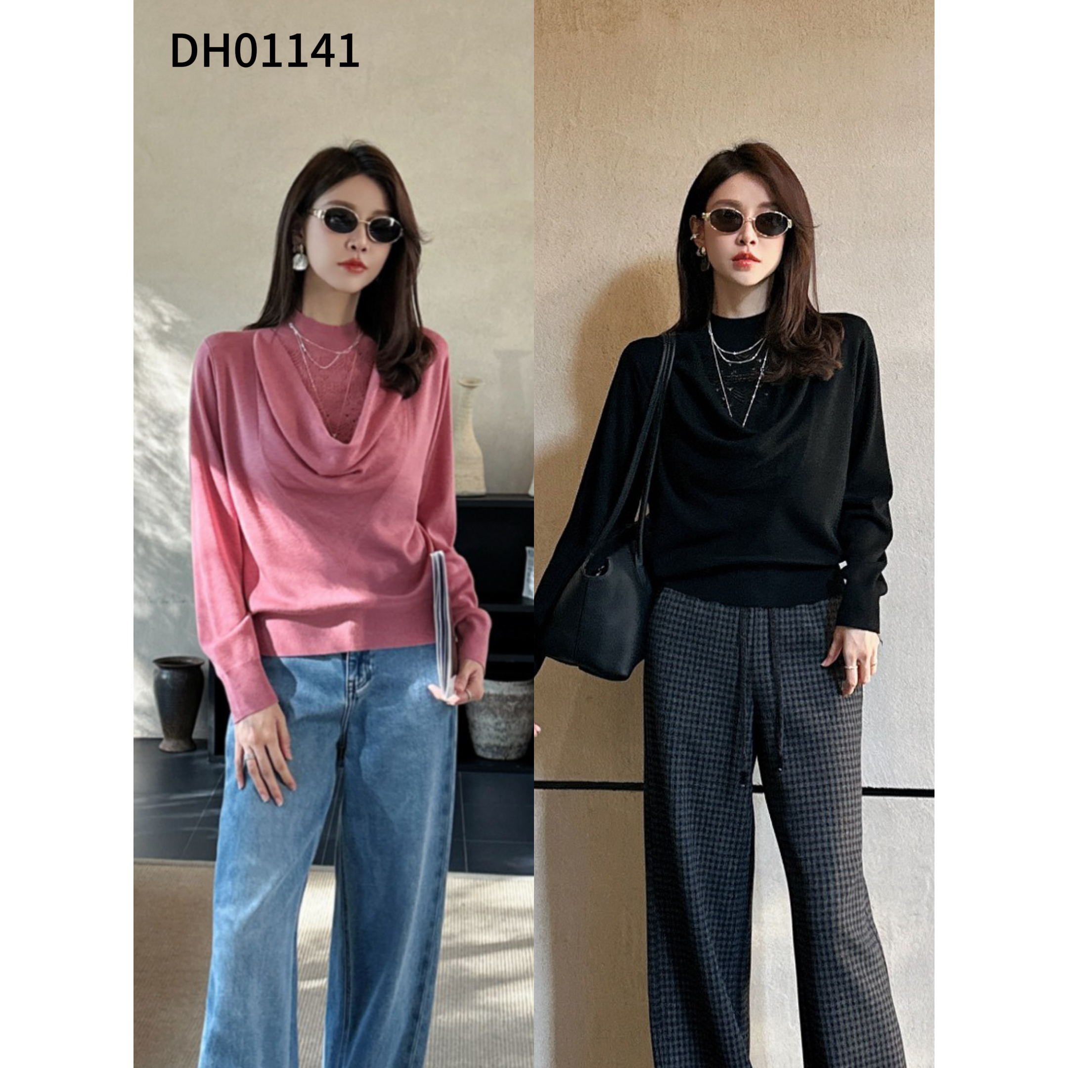 假两件荡领钩花羊毛衣