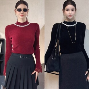 .特价DI-SUI欧货2025秋冬新款女装00519华丽钻链袖口蕾丝针织毛衣