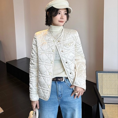 秋冬小香风蚕丝夹棉菱格短外套