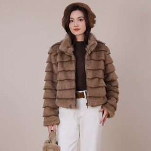 特价定制SANER欧韩2025秋冬824548轻奢风环保貂毛条纹拉链短外套