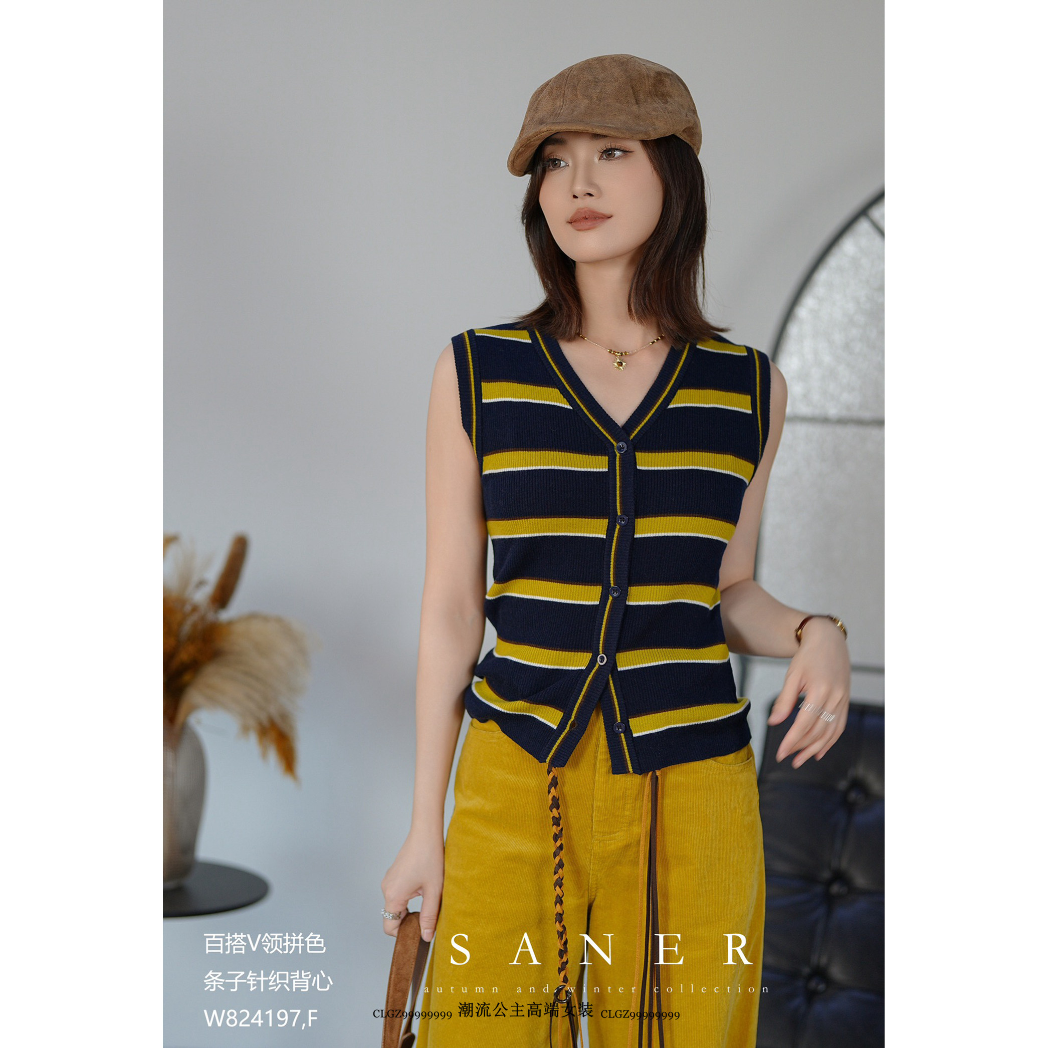 特价SANER欧货2025秋冬新款女装824197百搭V领条纹纽扣针织马甲,女装/女士精品,毛针织衫,淘宝优惠券,粉丝福利购,淘宝优惠卷