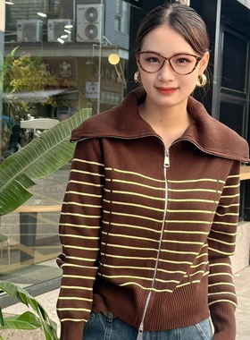 特价FMF正品2025新女装S Jayova秋冬60342大翻领条纹拉链毛衣显瘦