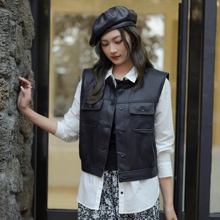 领蛋白皮无袖 824021复古爆款 马甲女 SANER秋冬2025新款 现货特价