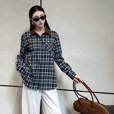 复古风撞布黑白格子衬衫