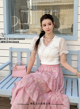 现货特价DI-SUI2025春夏新款法式V领蕾丝花边泡泡袖短袖T恤35033