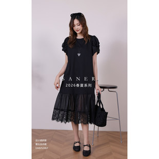 待SANER正品2026夏季新款女825248设计感舒适拼接宽松蕾丝连衣裙