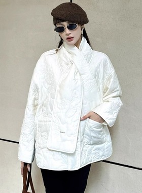 定制DI-SUI正品2025秋冬女装08518绣线天丝棉带围巾宽松气质外套