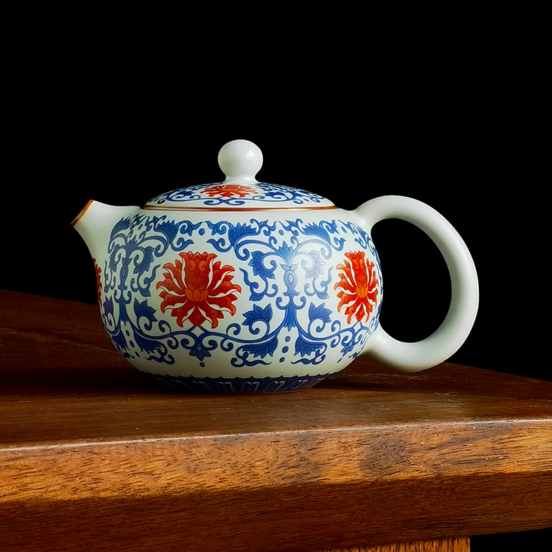 天青汝窑缠枝莲釉里红茶壶