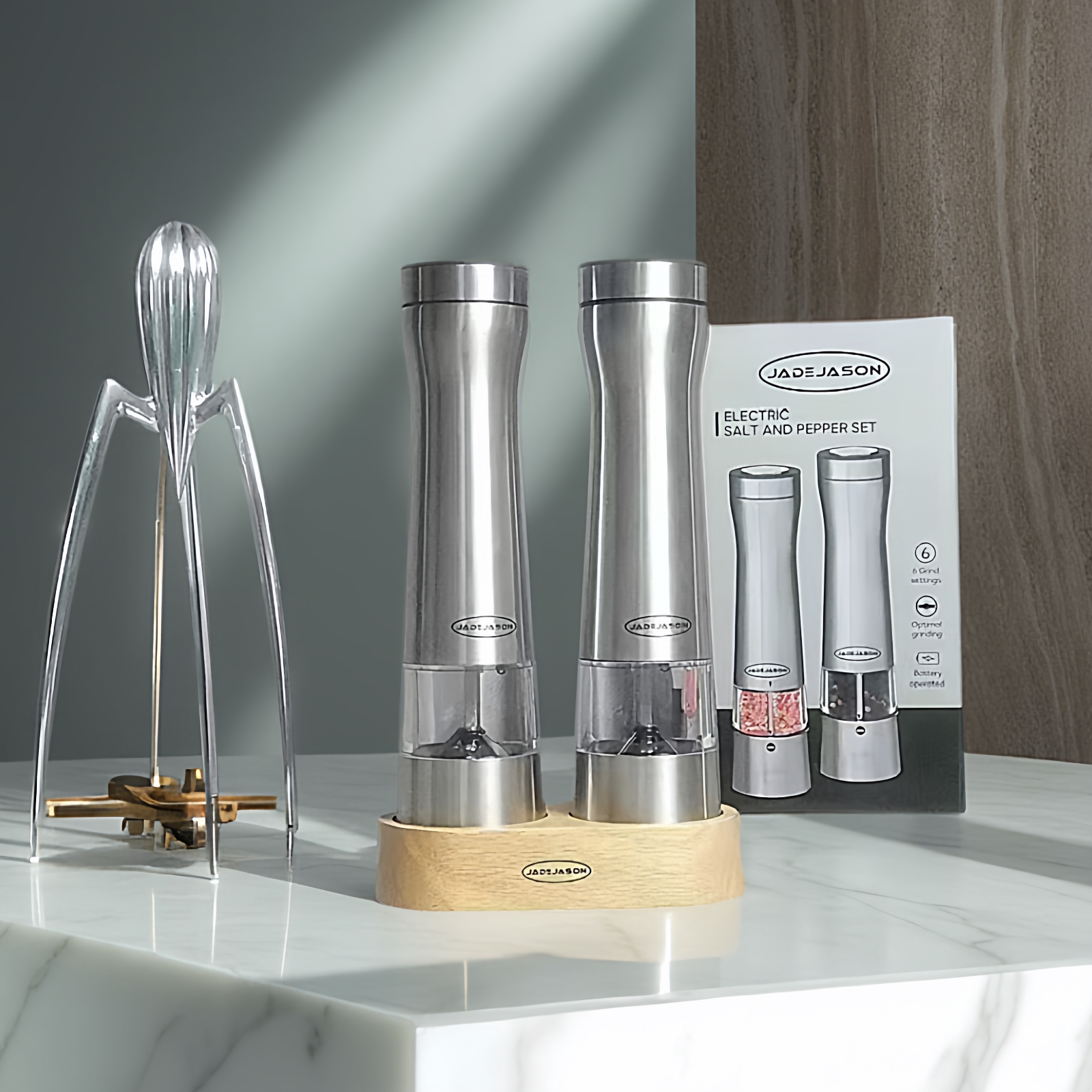英国JadeJason家用电动黑胡椒研磨器玫瑰盐花椒香料磨海盐调料瓶