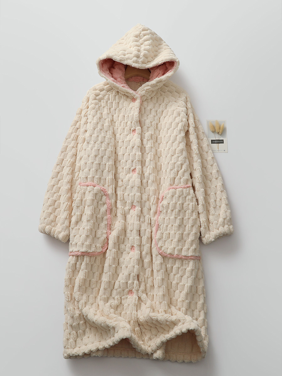 후드 긴 소매 누에고치 모양의 가디건 가정용 잠옷이 있는 여성용 겨울 두꺼운 산호 벨벳 잠옷은 가운 밖에 착용할 수 있습니다