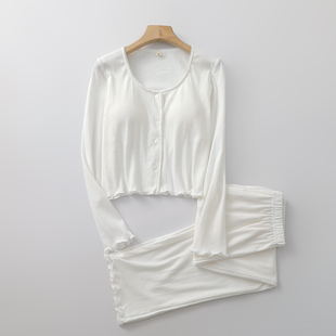 仙美白色睡衣女纯棉免文胸圆领开衫 春秋家居睡眠服可外穿 长袖 长裤