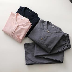 纯色文艺范睡衣男女士纯棉纱布薄平纱圆领收口长袖情侣家居睡眠服