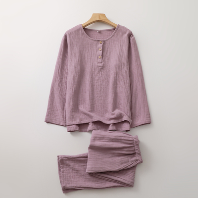 无印风套头睡衣男女士纯棉纱长袖长裤春秋纯色情侣家居睡眠服薄款