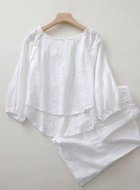 仙女白色中袖睡衣女生纯棉提花镂空纯棉布春夏薄8分裤家居睡眠服