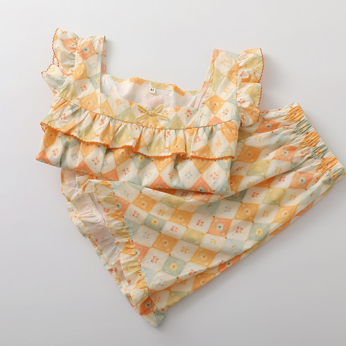 出口发财黄格纹背心短裤睡衣女生纯棉布薄款方领宽肩家居服可外穿