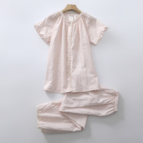 甜美木耳边圆领开衫睡衣女生纯棉纱短袖9分裤夏季清新薄款家居服