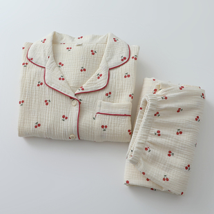 家居空调睡眠服 长裤 2026小樱桃睡衣女学生水洗纯棉纱布薄开衫 长袖