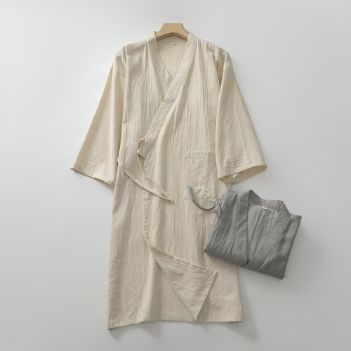 纯色睡袍男纯棉亚麻7分袖汉服浴袍中长款汗蒸袍单件家居服可外穿