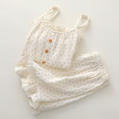 文艺清新吊带短裤 可调节肩带花边家居睡眠凉凉服 睡衣女纯棉纱薄款