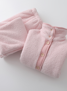 护颈保暖两用高领睡衣男女士加厚珊瑚绒开衫长袖长裤羊羔绒家居服