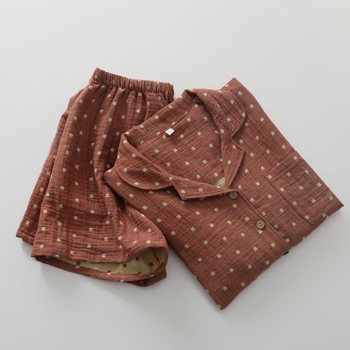 复古风方波点夏季情侣睡衣套装男女纯棉纱翻领短袖短裤家居睡眠服