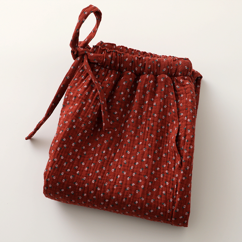 女纯棉纱酒红碎花长睡裤