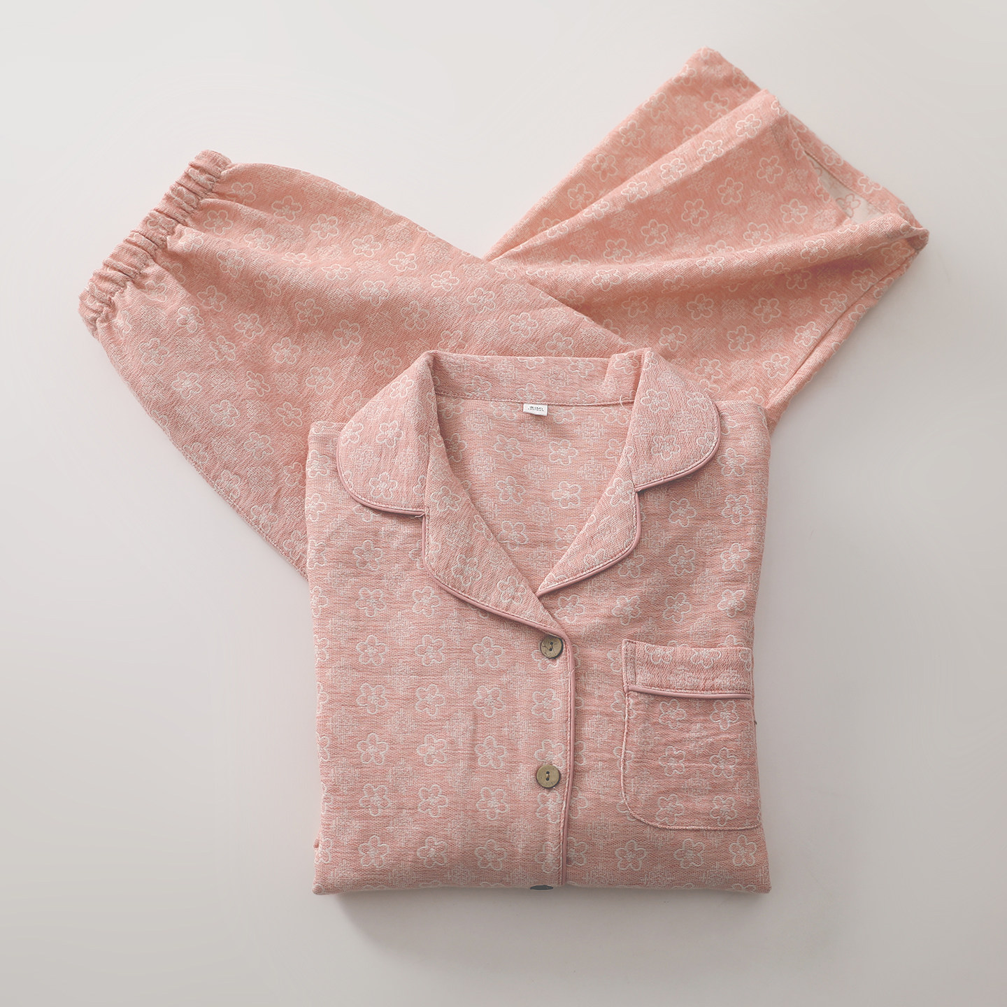高工樱花色织睡衣女生纯棉纱经典翻领开衫长袖长裤春夏家居服套装