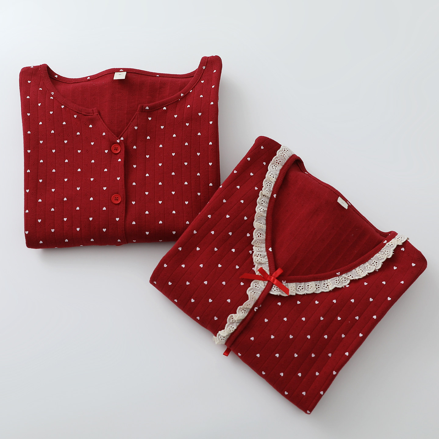 本命红爱心纯棉睡衣女生提花坑条全棉长袖长裤花边新年家居服春秋,女士内衣/男士内衣/家居服,睡衣/家居服套装,淘宝优惠券,粉丝福利购,淘宝优惠卷