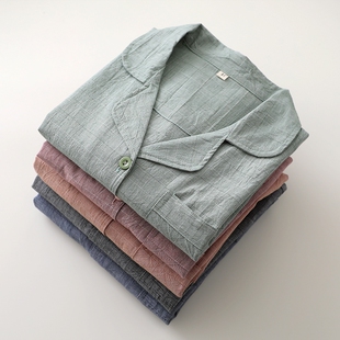 文艺范睡衣男女纯棉布薄款日系翻领开衫长袖长裤春夏薄家居睡眠服