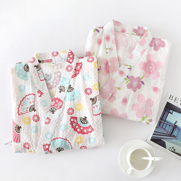 봄 여름 가을 여성용 일본식 기모노 잠옷 순면 거즈 벚꽃 부채 가디건 목욕 가운 목욕 코트 7 부 소매 홈웨어 얇은