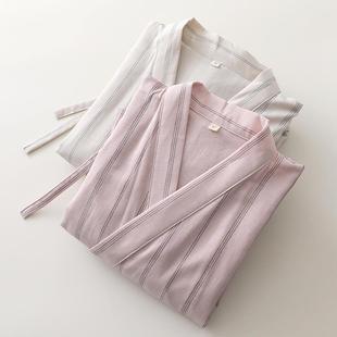 国风汉服睡袍男女纯棉纱文艺条纹七分袖 情侣晨袍 家居浴袍四季 薄款