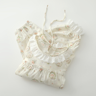 甜美卡通蕾丝睡衣女学生纯棉纱套头9分袖收口裤春夏薄家居睡眠服