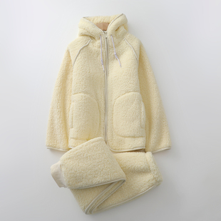 时尚连帽厚实羊羔绒睡衣套装女生珊瑚绒开衫拉链收口家居服可外穿