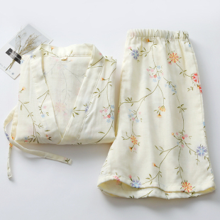 民族风和服睡衣女夏纯棉双层纱短袖短裤系绳开衫汗蒸家居服全棉薄