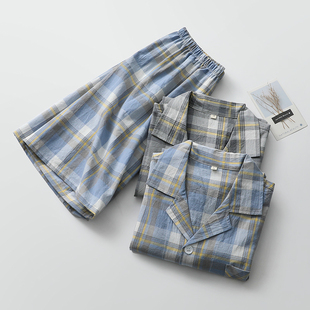 文艺范格子睡衣男短袖短裤水洗纯棉布日系开衫夏季家居休闲服薄款