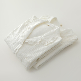 家居服套装 2026白色蕾丝翻领睡衣女生梭织提花纯棉布凉爽薄款 长袖