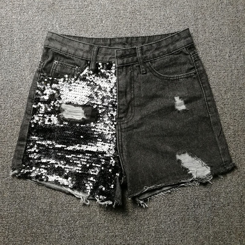 亮片磨破洞高腰牛仔短裤女夏热裤
