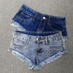 香港潮牌欧货浅蓝色牛仔短裤女低腰显瘦百搭毛边超短裤性感热裤潮