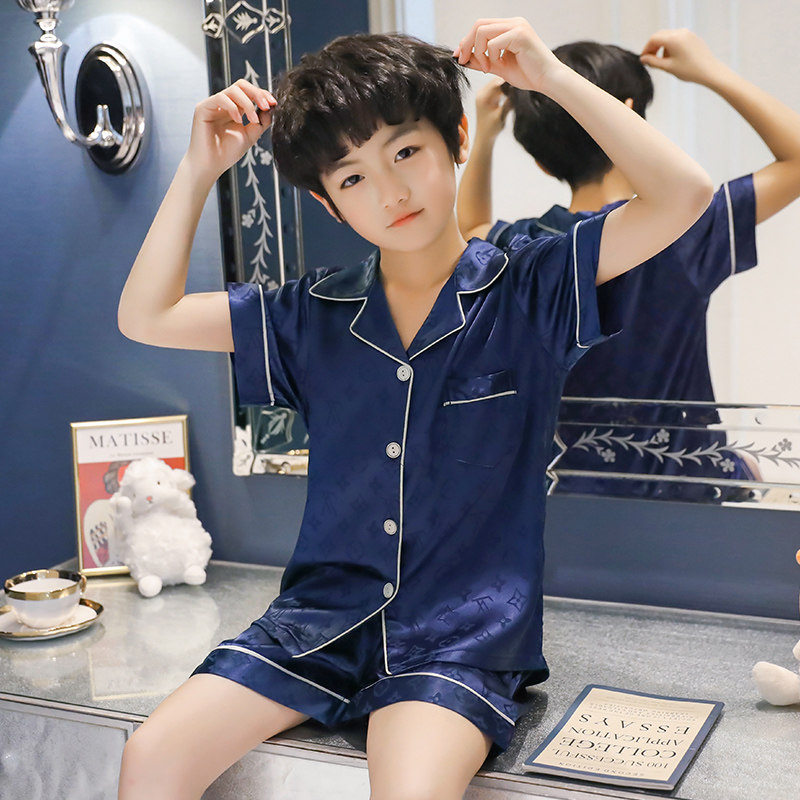 어린이 잠옷 소년 여름 얇은 얼음 실크 큰 어린이 2024 새로운 십대 여름 소년 여름 집 옷