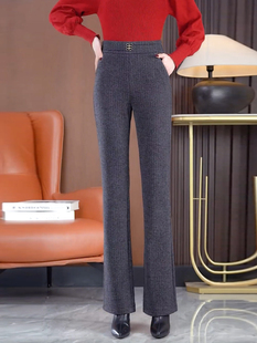 加绒加厚毛呢微喇裤女2025春秋新款休闲宽松显瘦松紧腰直筒女裤子