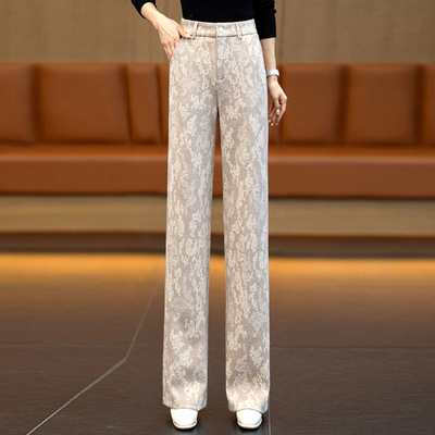 印花醋酸羊毛呢高腰窄版阔腿裤女2025秋季新款垂感百搭直筒休闲裤