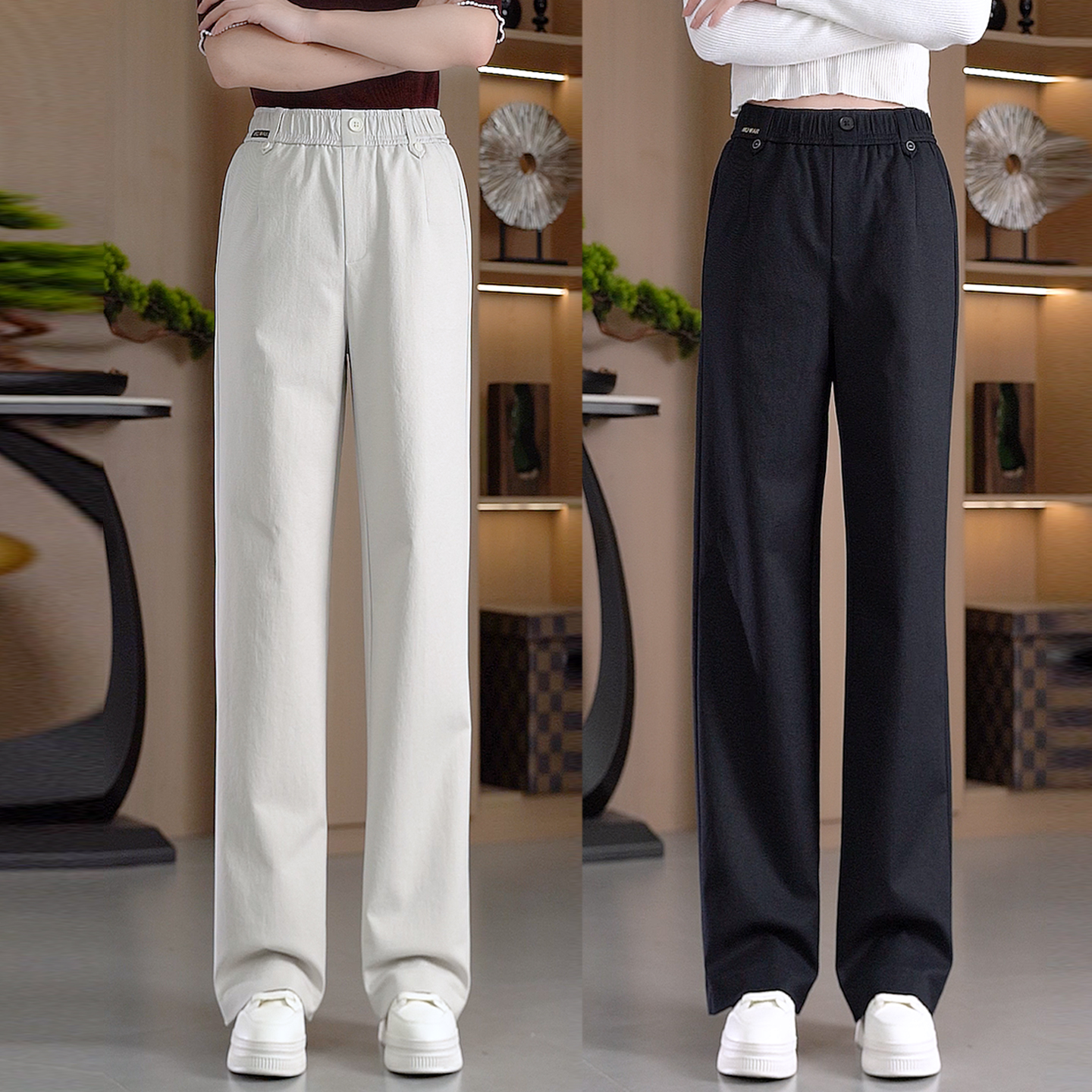 高腰显瘦简约直筒裤女2025秋季新款宽松休闲百搭小个子窄版阔腿裤