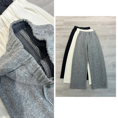 ROW风绵羊毛窄版弯刀裤极简秋冬松紧腰拉绒羊毛裤休闲百搭阔腿裤